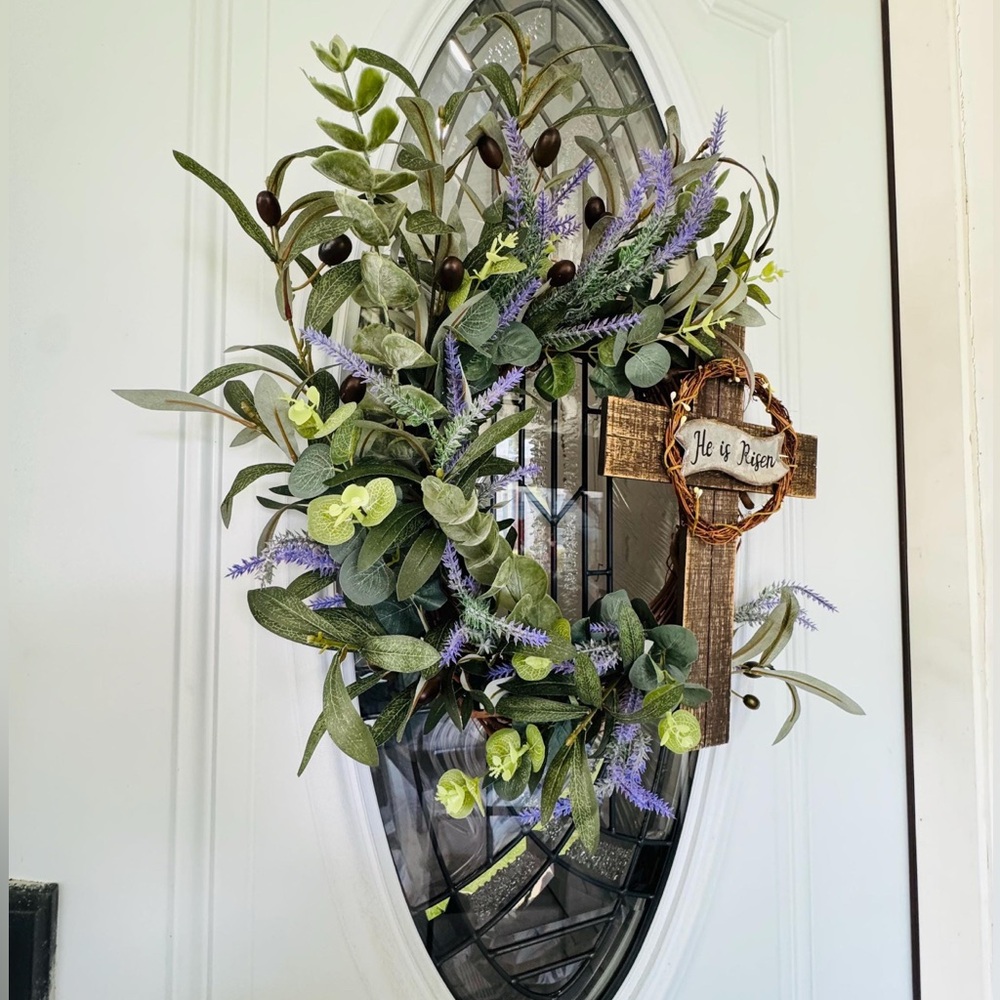 He Is Risen Easter Wreath • Christian Cross Spring Door Decor • 24” Grapevine - Picture 4 of 5